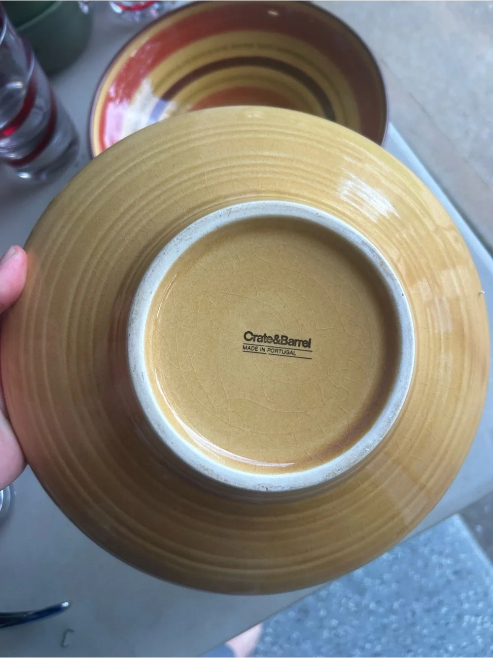 Crate & Barrel Ceramic Individual Pasta Bowls Red, Yellow & Brown Bands Set of 2